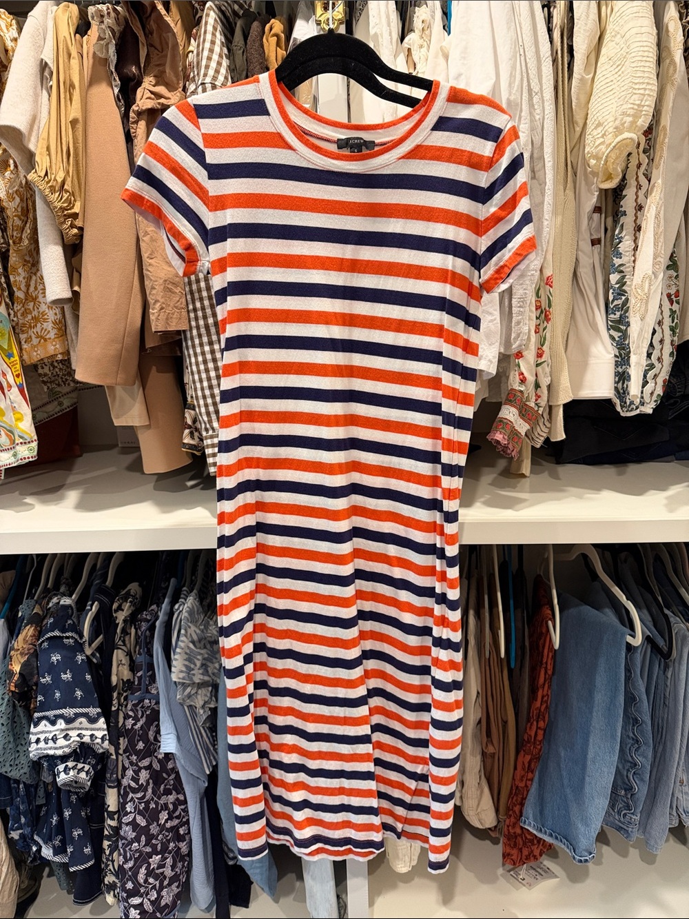J. Crew White, Orange & Navy Striped Short Sleeve Midi Dress